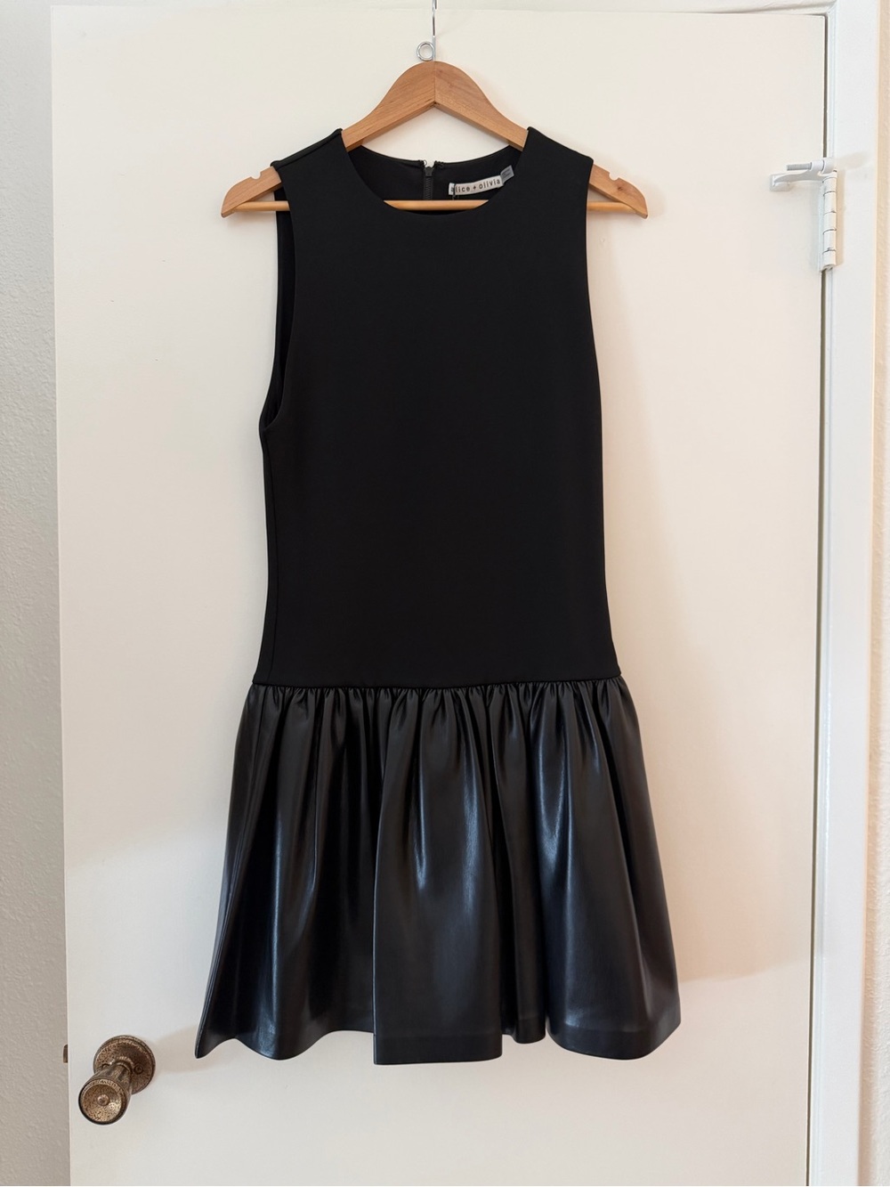 Alice + Olivia Black Sleeveless Faux-Leather Drop-Waist Dress
